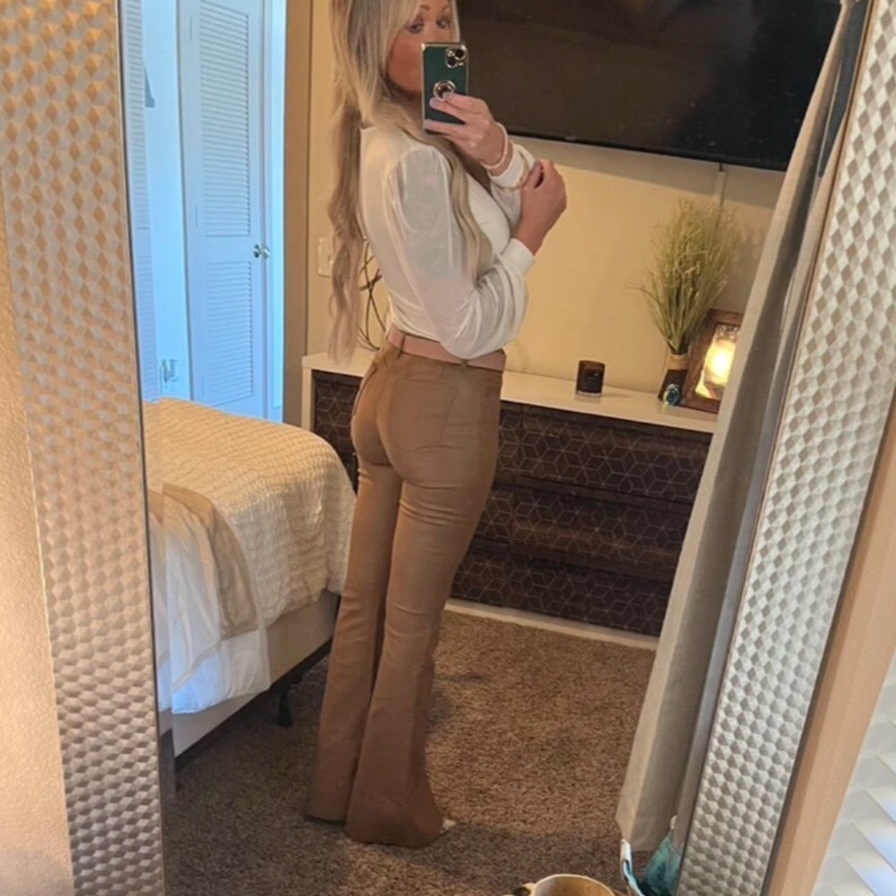 Tan Faux Leather Wax Coated Jeans Flared Leg Bell Bottom High Waist - Picture 13 of 15